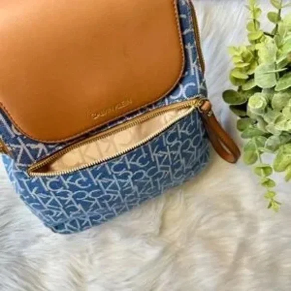 Calvin Klein Elaine Monogram Logo Denim & Brown Faux Leather Mini Backpack - Picture 6 of 14